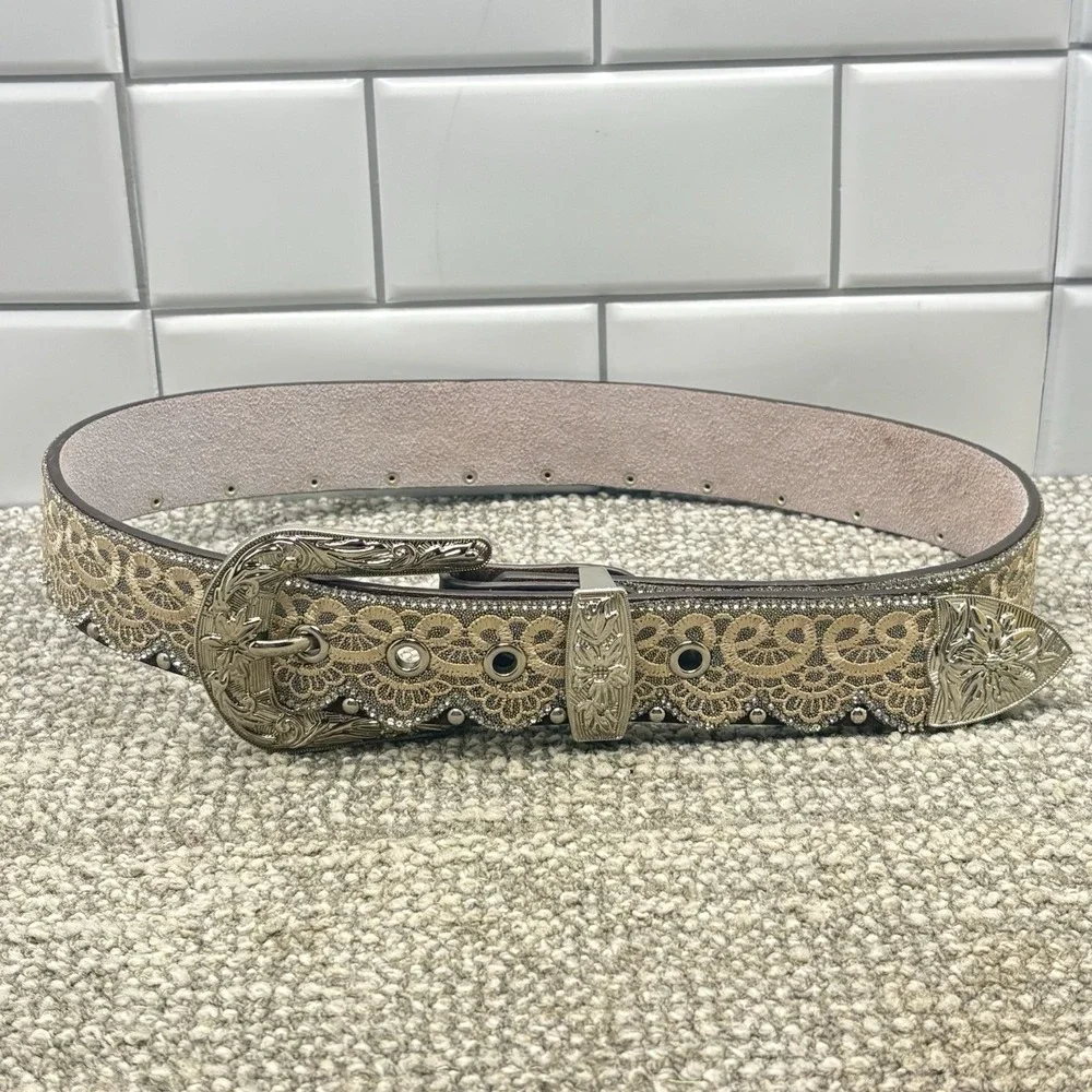 Angel Ranch Western Belt Womens S Leather White Lace Brown 32-35